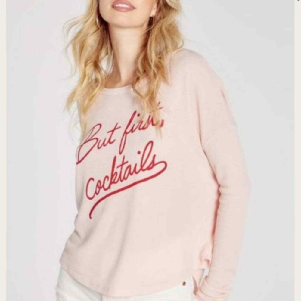 Wildfox Pale Pink 'But First, Cocktails' Pullover with Red Script - Picture 2 of 6